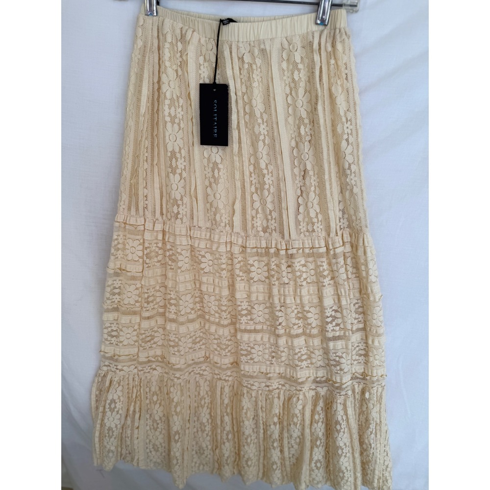Solitaire Cream Floral Lace Tiered Maxi Skirt XS Boho Ruffle 25-1321 NEW